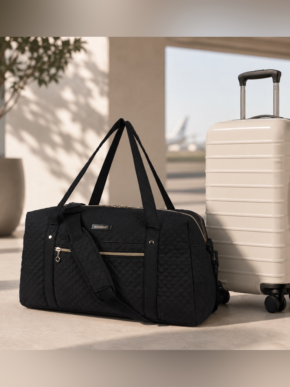 NEW BAGSMART Quilted Duffel Bag Black Travel Bag